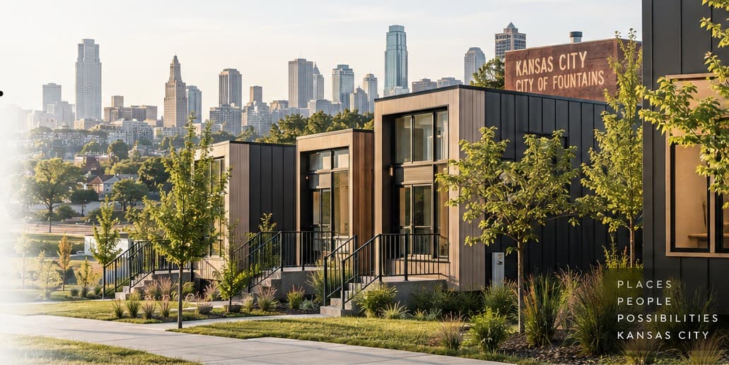 Illustration of modern homes with dark siding and front porches, with the Kansas City skyline behind