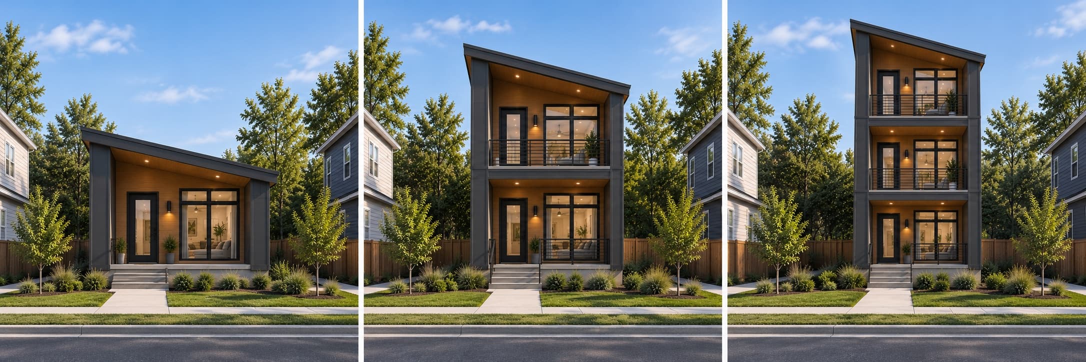 Three side-by-side illustrations of one-, two-, and three-story infill homes with dark siding, wood porches, and sloped roofs between older houses