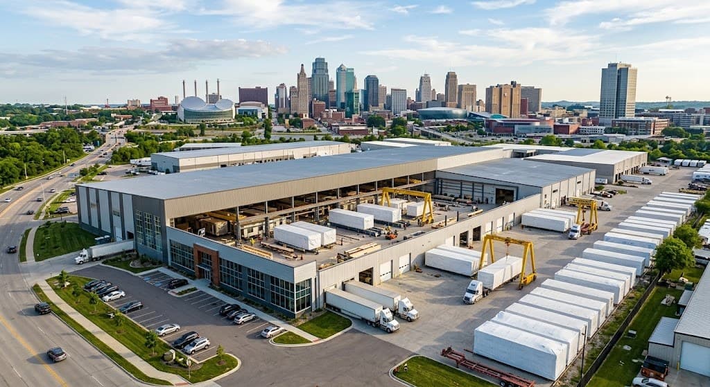 Representative aerial view of a modular manufacturing facility with the Kansas City skyline in the background