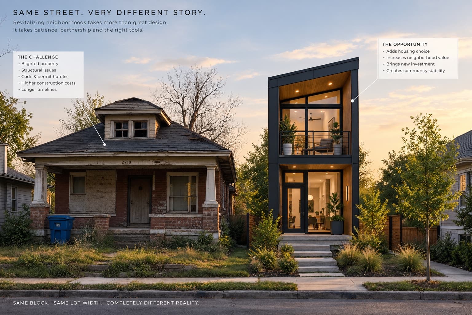 Illustrated comparison of a boarded-up house and a narrow two-story infill home on the same street, with callouts for development challenges and neighborhood opportunities