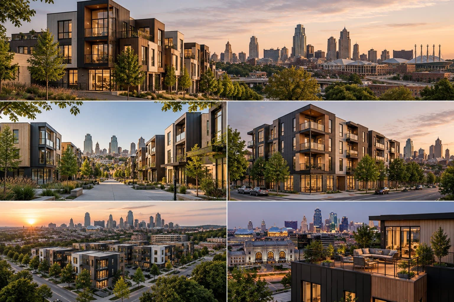 Collage of illustrated apartment buildings, tree-lined residential streets, and a rooftop terrace with the Kansas City skyline behind
