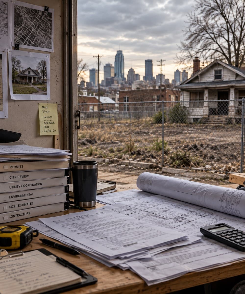 A desk with permit and cost-estimate binders, a rolled site plan, and a calculator, a vacant lot and downtown skyline visible through an open door
