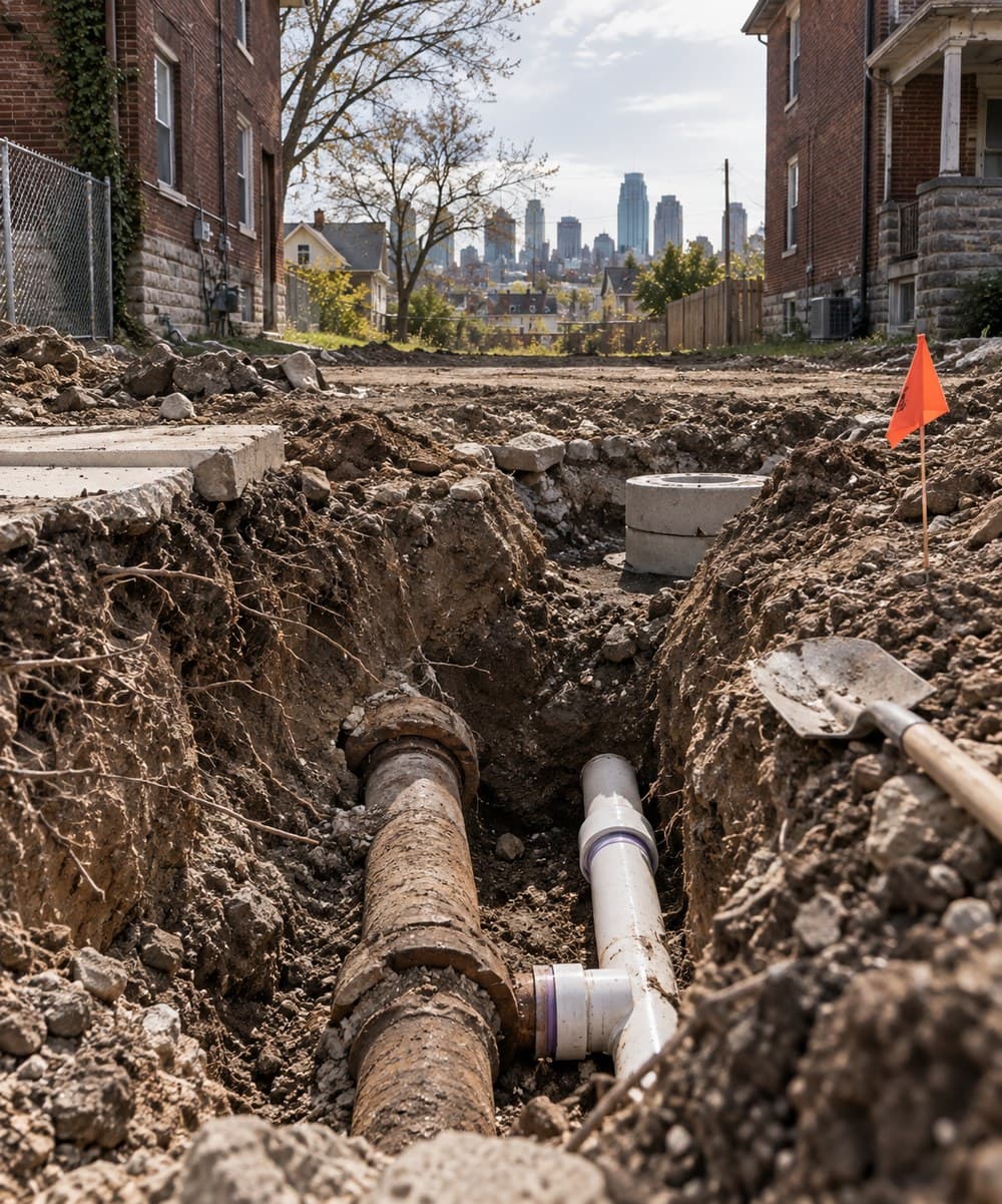 An open utility trench in an alley with sewer pipe and a manhole riser being installed, downtown Kansas City in the distance
