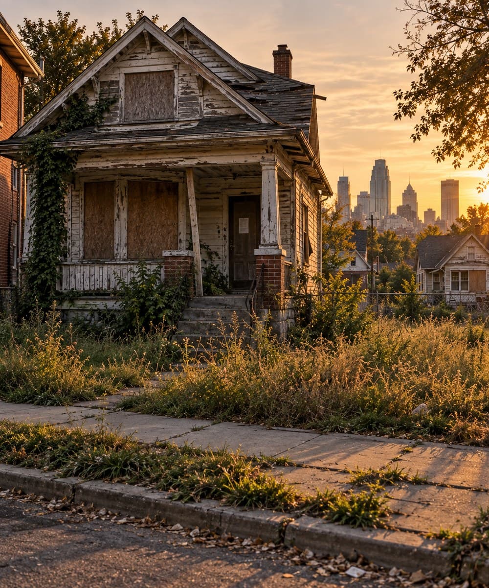 A boarded-up, vacant single-family house overgrown with weeds, downtown Kansas City visible in the distance at sunset
