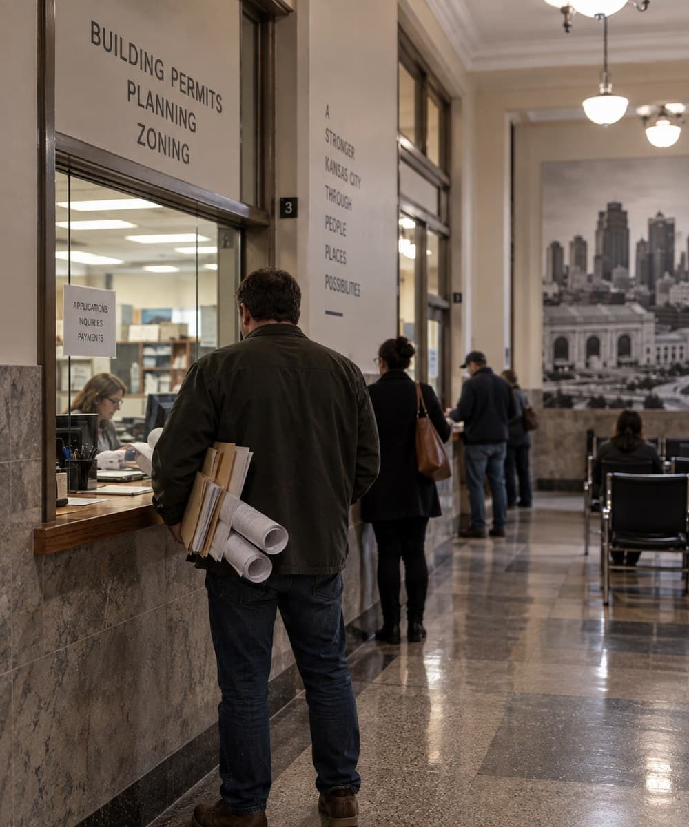 A person waiting in line with rolled building plans at a city building permits, planning, and zoning counter
