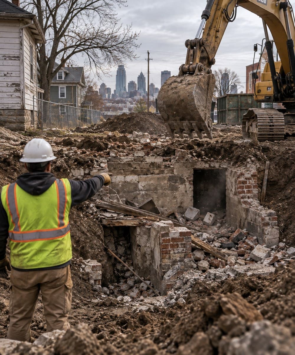 A construction worker in a hard hat and safety vest directs an excavator demolishing a brick building foundation
