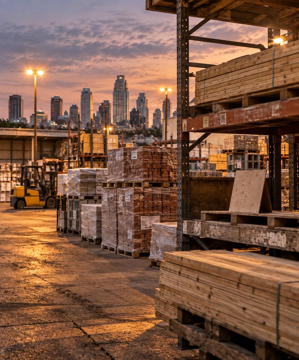 Stacked lumber and palletized brick in an outdoor building-materials yard at dusk, forklift and the Kansas City skyline behind