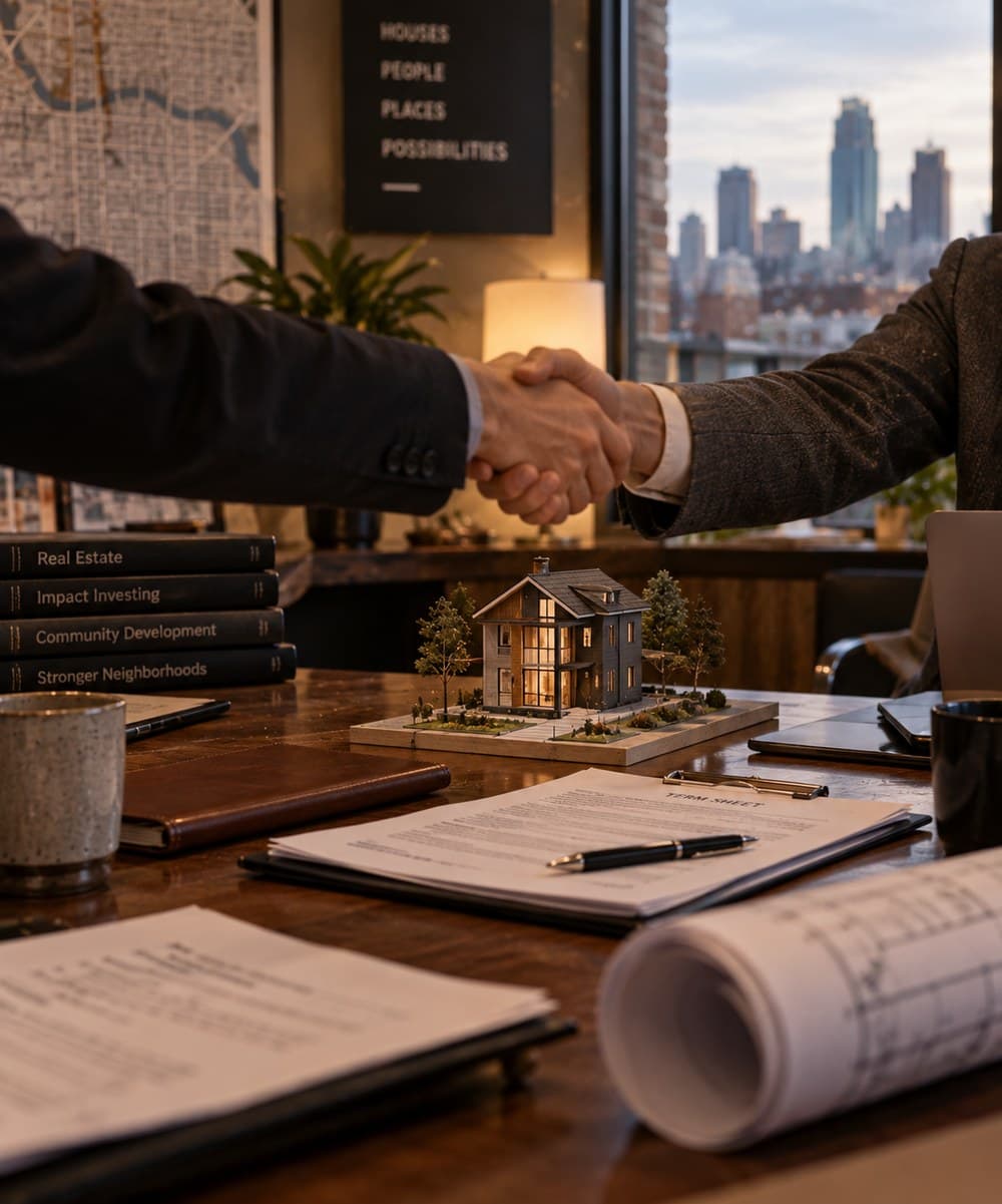 Two people shaking hands over a conference table with a signed term sheet and a small architectural model of a house